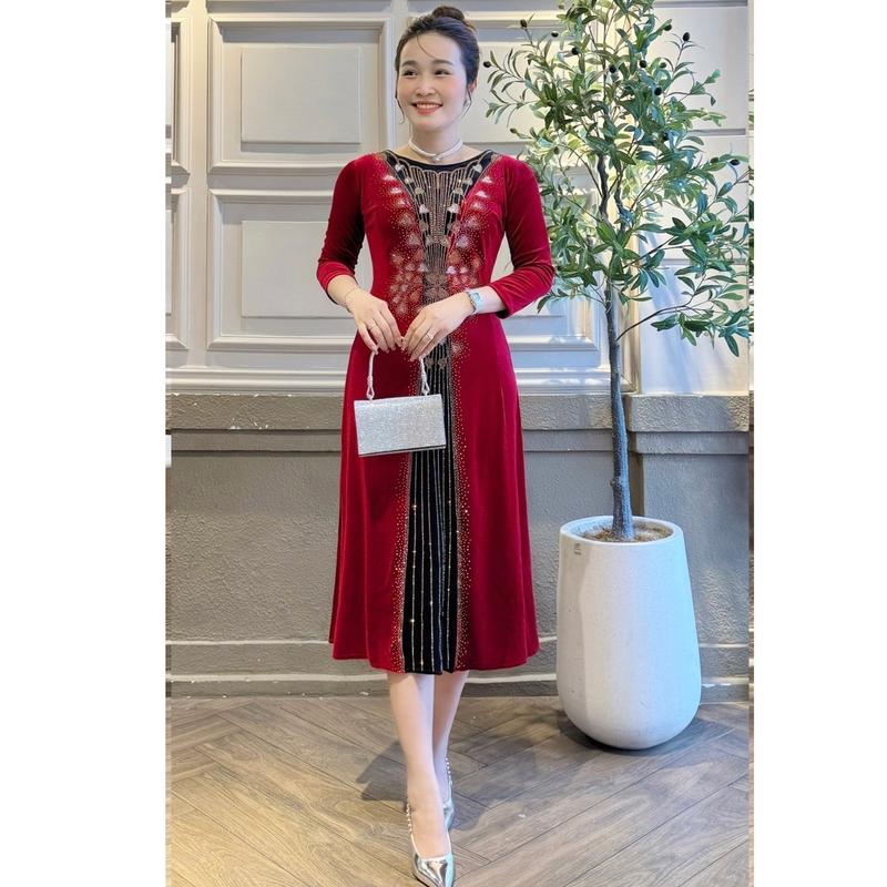  Đầm Trung Niên Dáng Lửng M541 vải nhung ép đá nhiệt co giãn Ôm gọn Nữ Women Dress 