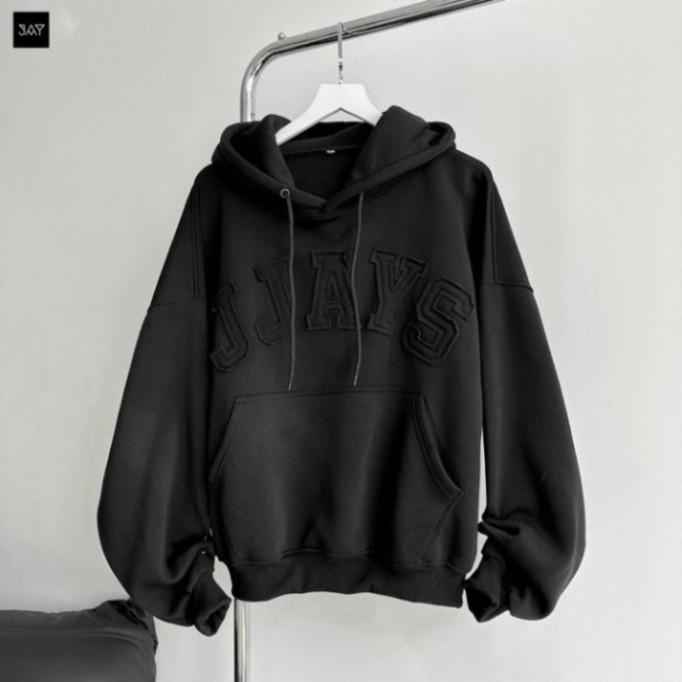 HOODIE BOXY - Áo khoác hoodie thêu đắp vải JJAYS form rộng mũ to nam nữ unisex HOT TREND 2024 hottrend Menswear Dài Tay Đen 6
