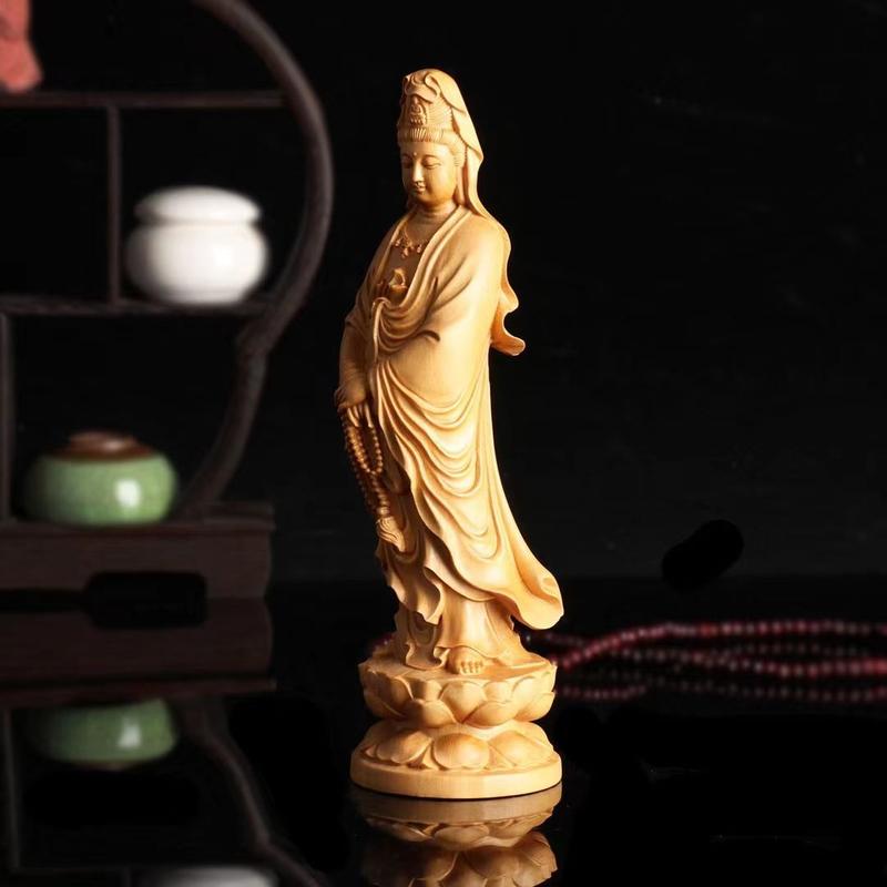 Product Introduction of Cliff Cypress Wood Carving Guanyin Buddha Statue Ornament Standing Statue Worship Household Solid Wood Guanyin Smiling Face Guanyin 3