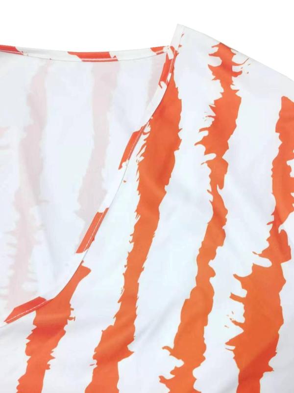 【Plus Size】Two-Piece Set Striped Print Knot Front Blouse & Paper Bag Waist Shorts Set, Casual Relaxed Short Sleeve Top & High Waist Shorts for Daily Wear, Women's Outfits for All Seasons 6