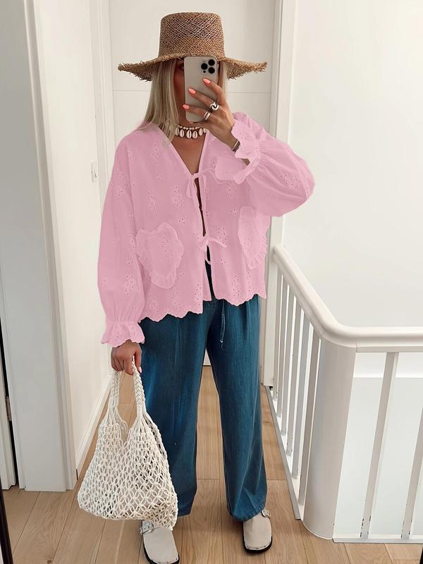 Women's Eyelet Embroidery Shirt, Casual Long Sleeve Top for Summer, Women's Clothing for Daily Wear, Blouse 8