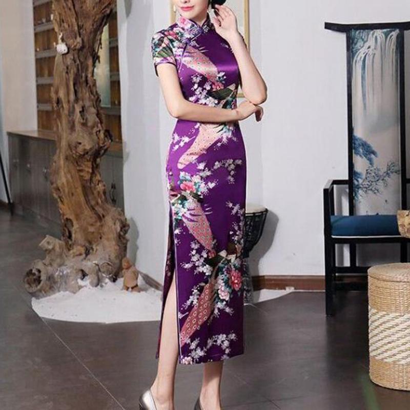 Euyuxan-Váy Phong Cách Quốc Gia Trung Quốc Cho Nữ, In Hoa, Cổ Đứng, Tay Áo Ngắn, Xẻ Tà Bên Cao, Nút Thắt Nút Trung Quốc, Sườn Xám, Satin, Mượt Mà, Vừa Vặn, Mùa Hè, Mùa Xuân, Qipao 1
