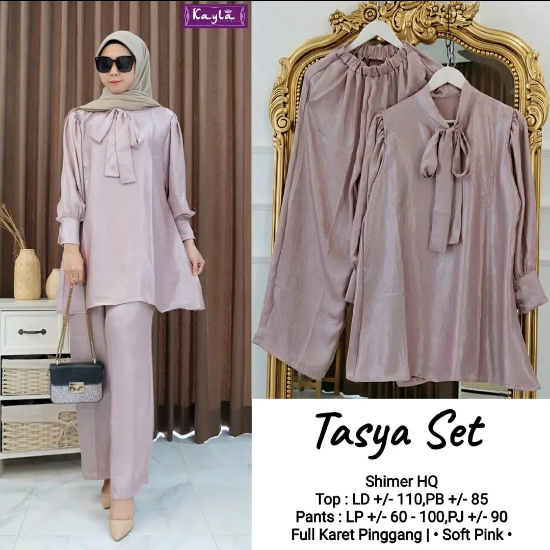 Bisa COD Baju Setelan Wanita Tasya Set Bahan Shimer LD 110 Celana LP 60-100 Polos Muslim