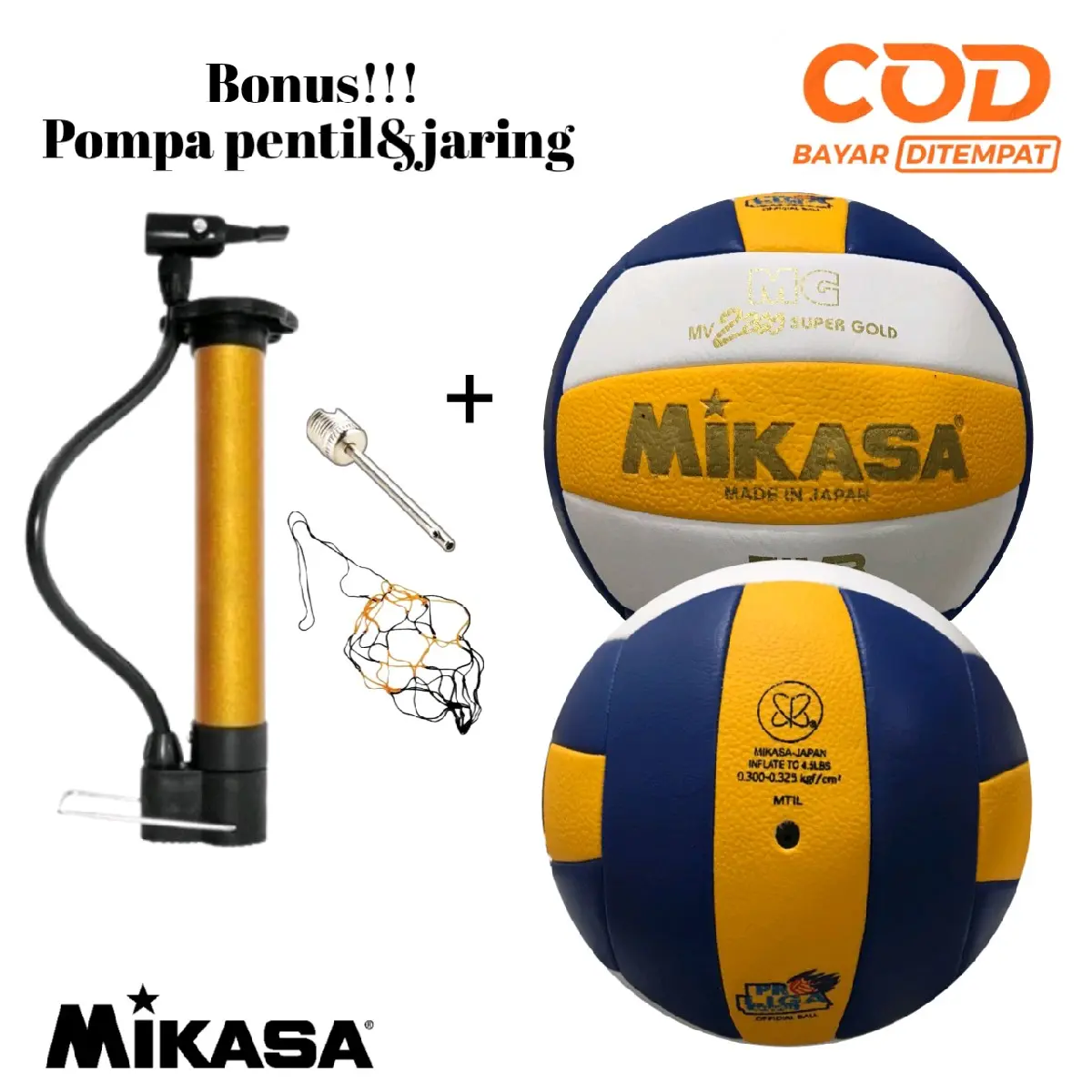 BOLA VOLLY MIKASA MG MV2200 SUPERGOLD/GRATIS POMPA PENTIL&JARING