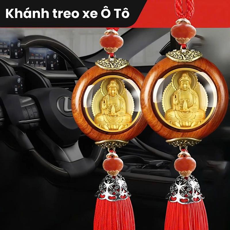 Khánh treo xe Ô Tô di lặc, tượng quan âm viền gỗ treo gương xe hơi, khánh phong thủy may mắn bình an trang trí oto