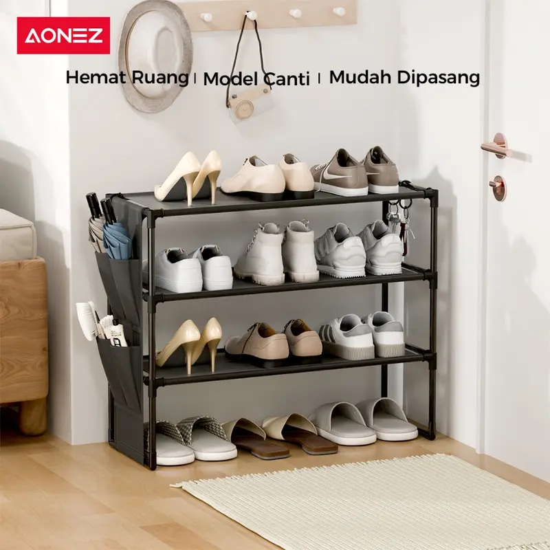 【COD】AONEZ INS Style Rak Sepatu 4 Lapis INS Rak Sepatu Non-anyaman Dengan Pengait Tas,  Besi Multi Lapis 4