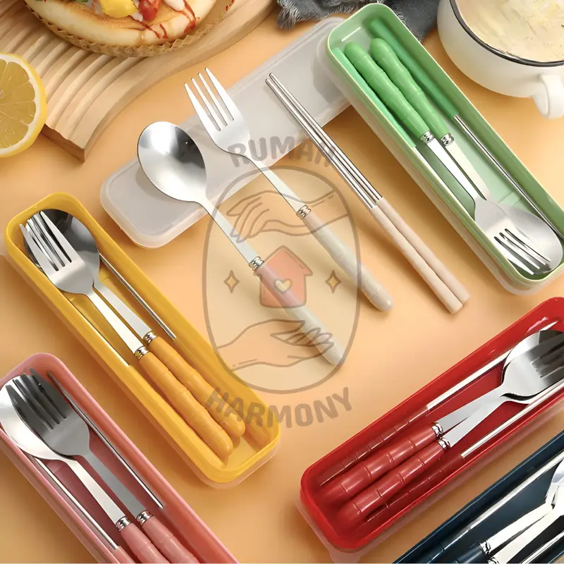 1 Kotak Sendok Garpu Sumpit Set Stainess Steel / Alat Makan Portable Hadiah 3 Pcs Set Sendok Alat Makan Stainless -Kitchenware 7