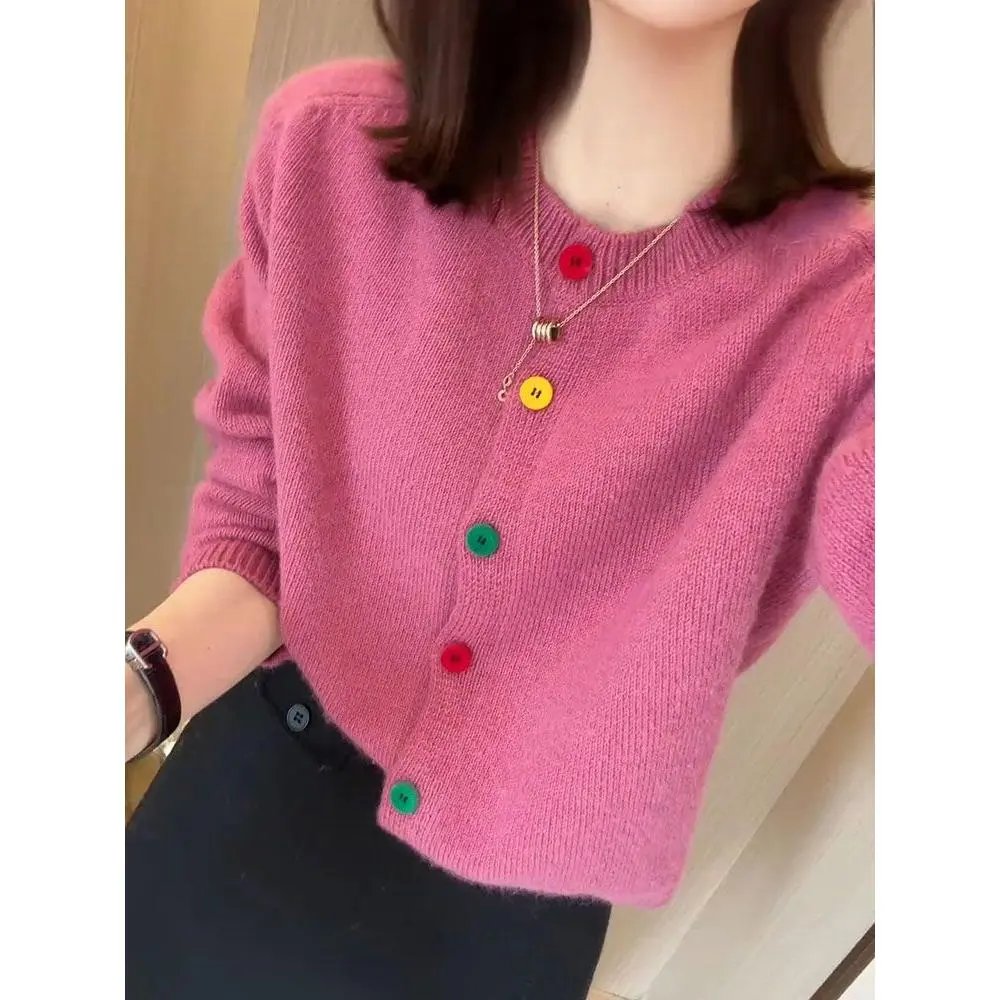 Áo Cardigan Dệt Kim, Phong Cách Thường Ngày Màu Cầu Vồng Thanh Lịch, Một Hàng Cúc, Cổ Tròn, Chống Lão Hóa, Áo Len Độc Đáo, Hàng Mới Về Mùa Xuân 2024 Nữ Women Top