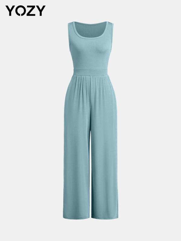 YOZY Solid High Waist Wide Leg Tank Jumpsuit/ Casual Comfort Sleeveless Jumpsuit, Women's Daily Wear for Summer & Autumn 5