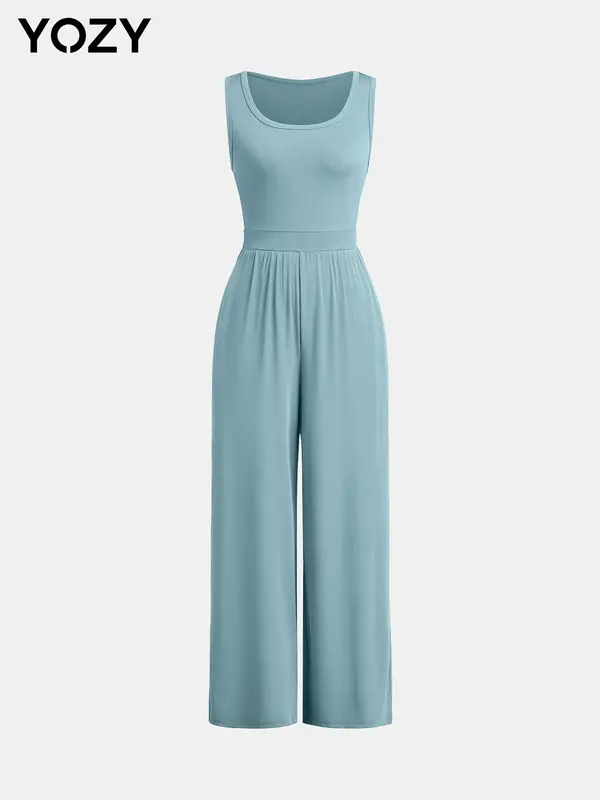 YOZY Solid High Waist Wide Leg Tank Jumpsuit/ Casual Comfort Sleeveless Jumpsuit, Women's Daily Wear for Summer & Autumn 5