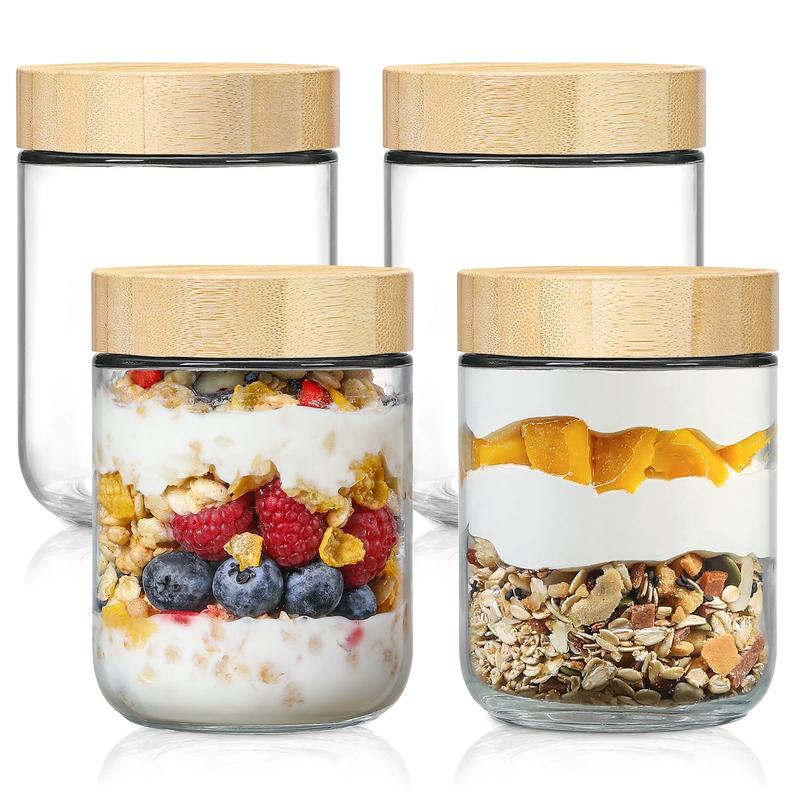 Glass Jar with Airtight Lid, 4 Counts/set Overnight Oats Salad Jar, Food Storage Container for Snacks Yogurt Spice Sugar 0