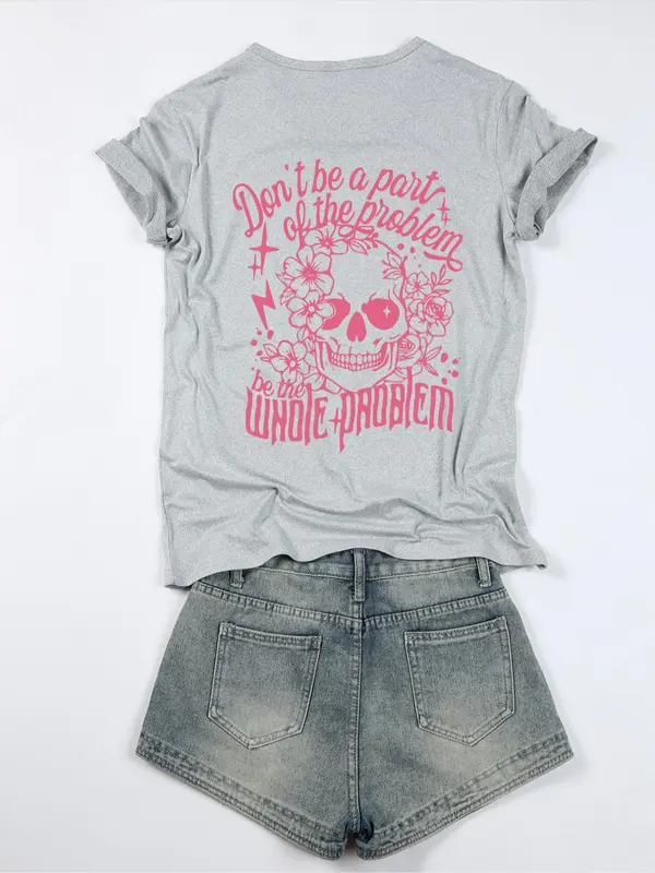 Women's Floral & Skull Print Round Neck Oversize Tee, Fashion Casual Letter Graphic Crewneck T-shirt for Daily Holiday Vacation Outdoor Wear, Ladies Clothes for Summer, Tshirt,top 8
