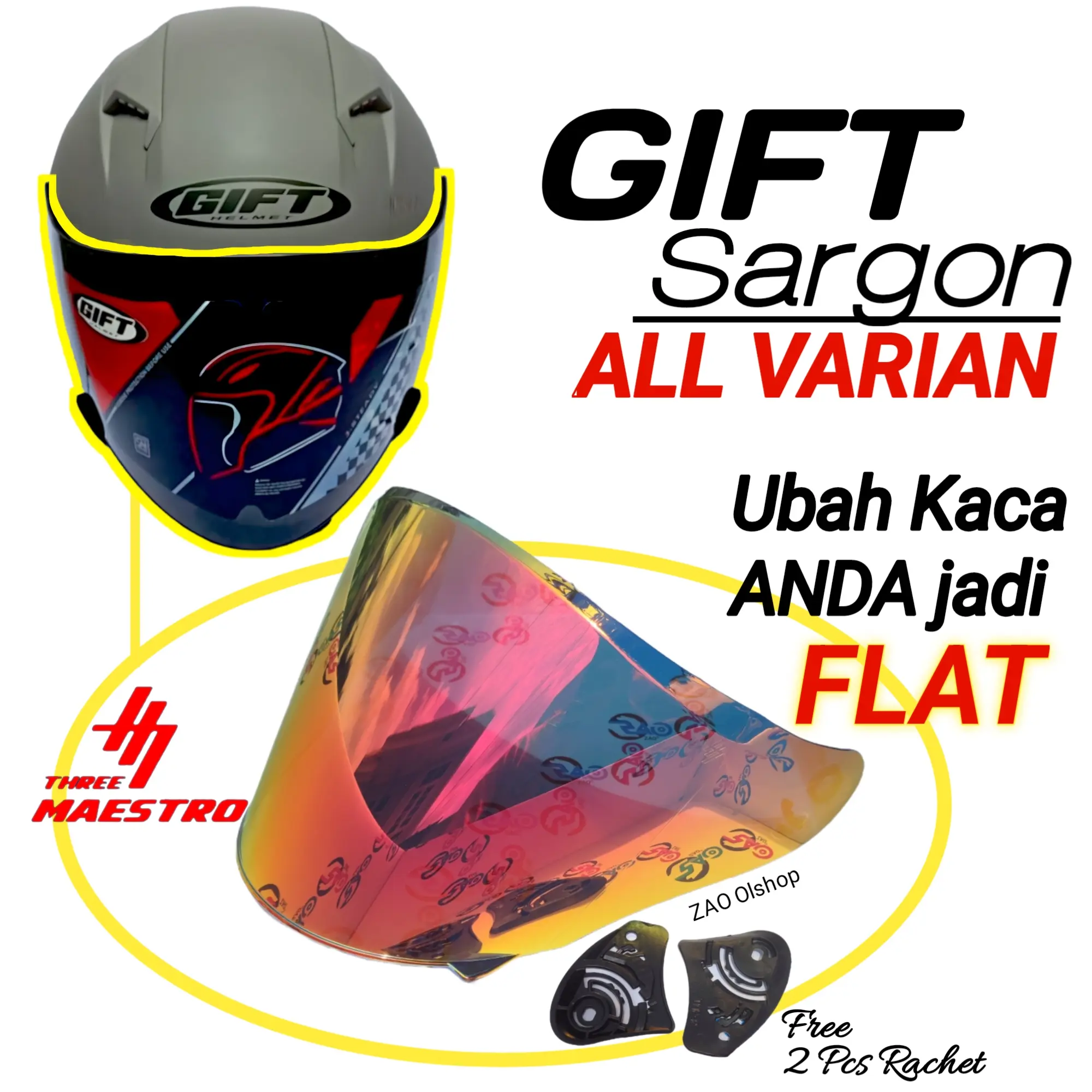 Kaca Helm GIFT SARGON FLAT Visor Helmet datar venom openg gift sargon (mirip njs kairoz) flat tebal nyaman real datar iridium by Three Maestro BUKAN UNTUK ALV ULTRON tm2 Motorcycle