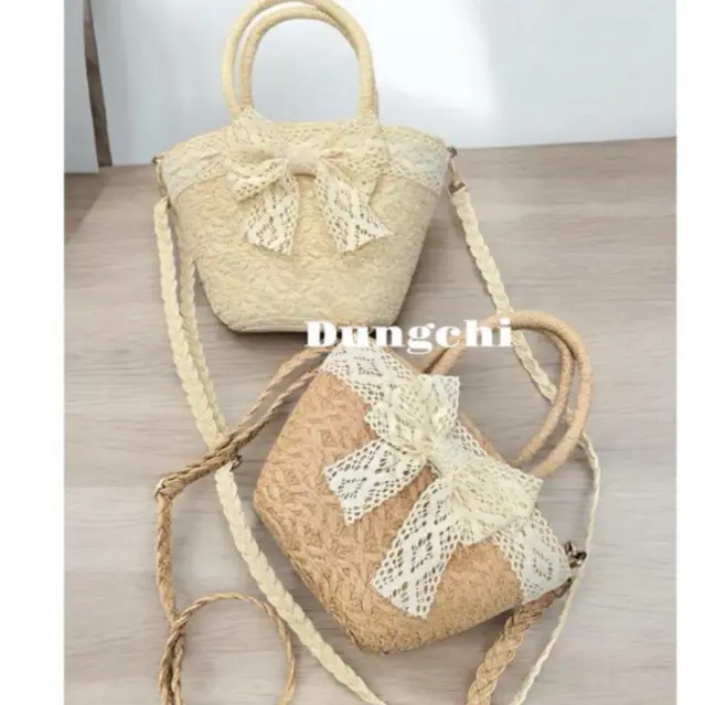 Combo Túi cói nhỏ đeo chéo nơ ren + mũ vành nhỏ nơ ren 2