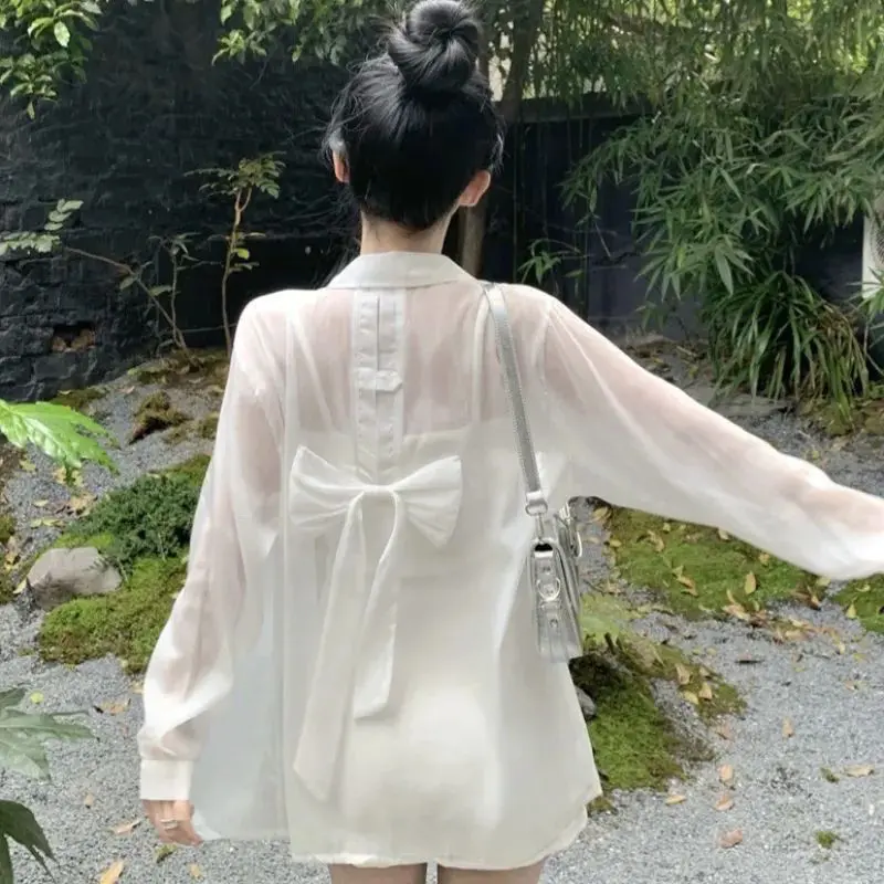 Áo Sơ Mi Chống Nắng, Phong Cách Mùa Hè, Dành Cho Nữ, Thiết Kế Thắt Nơ Lưng Mềm Mại, Thích Hợp Cho Kỳ Nghỉ Bờ Biển Trang Phục 2024 Top Shirt Cổ Tròn 0