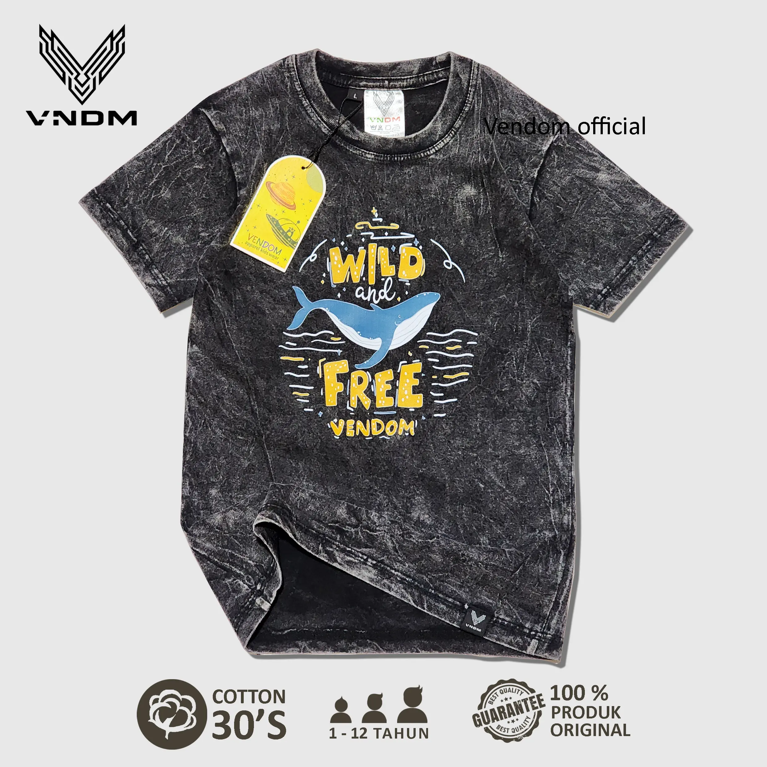 Vendom Kids Baju Kaos Anak Washet Laki-Laki / Perempuan Unisex Umur 1-12 Tahun Bahan Cotton 30S Katun Polos