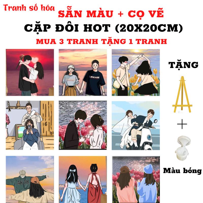 Tranh tô màu theo số CẶP ĐÔI đáng yêu kích cỡ 20x20cm đã căng sẵn khung, Mua 1 tranh Tặng 1 kệ để tranh, 1 màu bóng, màu tô, cọ vẽ, móc treo tranh, mua 3 tranh tặng 1 tranh, tặng 4 kệ gỗ, 4 màu bóng Diy Vẽ Tranh