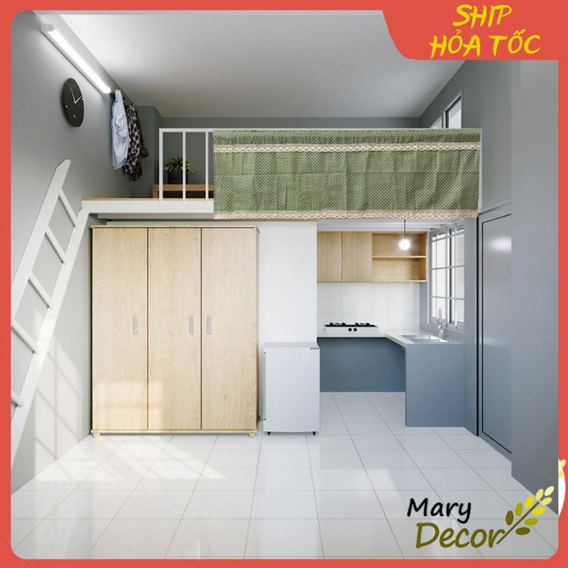 Rèm che gác lửng trọ, rèm DÁN KÈM GAI DÁN lan can gác lửng vải linen phối ren dày dặn xᶖnh xắn trang nhã cho sinh viên NK75