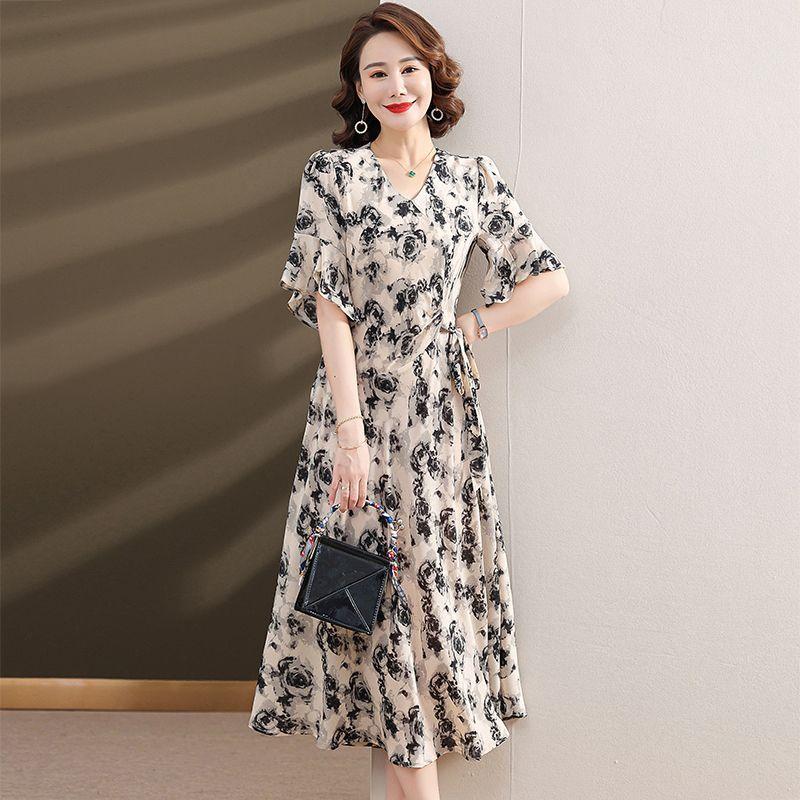 Quần Áo Mùa Hè Cho Mẹ TRUNG NIÊN, Váy Thời Trang Cho Phụ Nữ TRUNG NIÊN Và Cao Tuổi, Thanh Lịch, Váy ngắn Tay Áo Quý Phái Yang Pai, Hàng Mới Về, Năm 2025 1