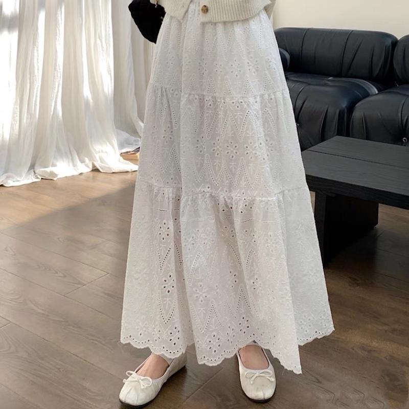 Chân Váy Xô Trắng Xanh Hồng 93cm Cạp Khoá Chân Váy Ren Tầng Thêu Hoa Thô Boi Chân Váy Midi Kiểu Chữ A Nữ