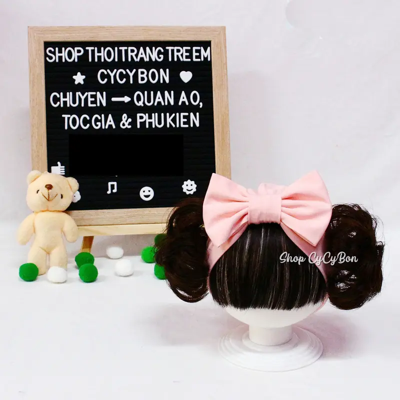 Nón Turban Tóc Giả Cho Bé Gái Hồng Da Nơ Kèm Tóc Mái Đen Búi Nâu 0