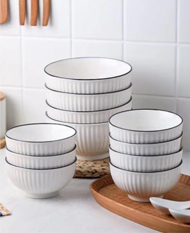Combo 10 bát ăn cơm sứ trắng viền đen, set 10 bát ăn cơm size 11cm