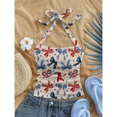 PICKID Coquette Bow American Flag Shirt For Women - 4th Of July Patriotic T-Shirt, Red White Blue Graphic Tee