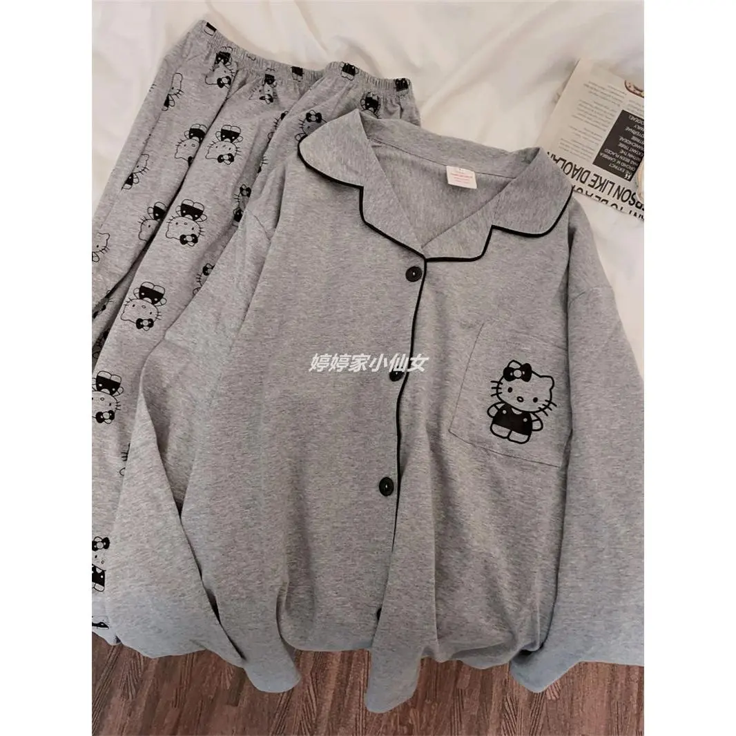 Bộ Đồ Ngủ Hello Kitty, Phong Cách INS, Thiết Kế Hoạt Hình Dễ Thương, Dành Cho Nữ, Bộ Sưu Tập Mùa Xuân Và Mùa Thu, Hàng Mới Về, Quần Dài Tay, Đơn Giản Và Thường Ngày, Bộ Đồ Mặc Nhà