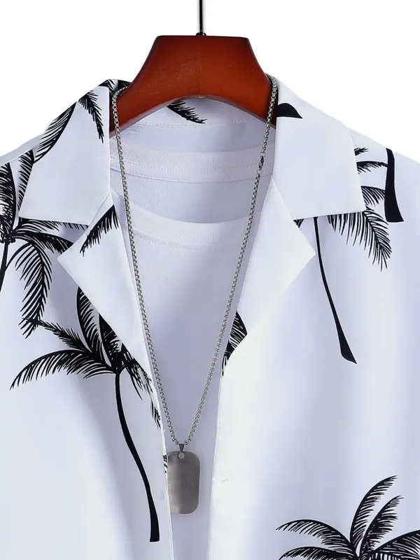 Two Counts Men's Coconut Tree Print Shirt & Pocket Drawstring Shorts Two-piece Set, Summer Clothes, Regular Fit Tropical Print Two-Piece Outfit, Summer Beach Vacation Clothes Set 2