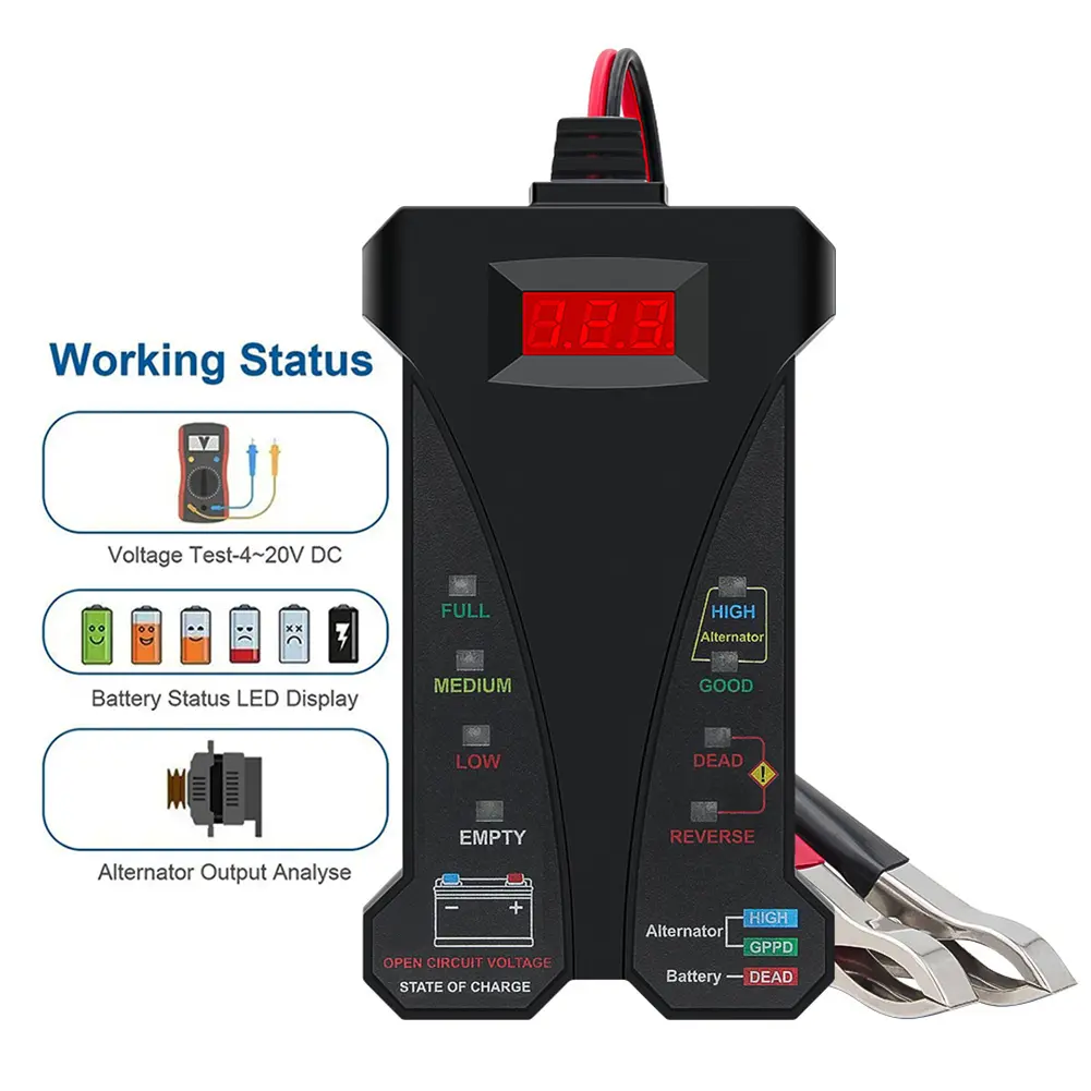 Digital Battery Tester 12V with Reverse Hookup Protection and Over Voltage Safety Features for Vehicle Diagnostics