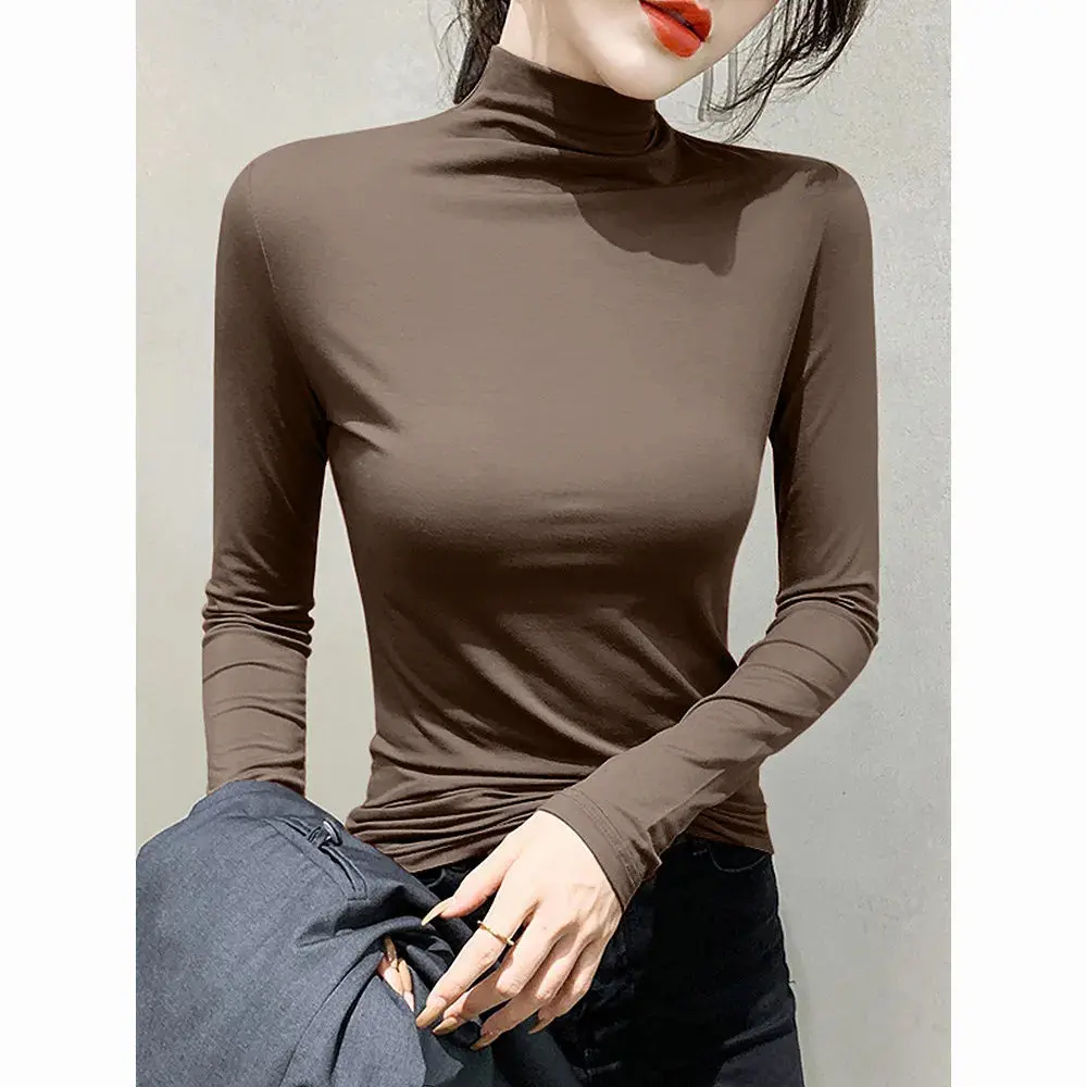 Modal Half Turtleneck Slim Fit Slimming Base Shirt for Women Spring and Autumn Thin Solid Color Casual Long Sleeve T-Shirt Top Womenswear Lingerie Comfort Summer Streetwear Basic Minimalist