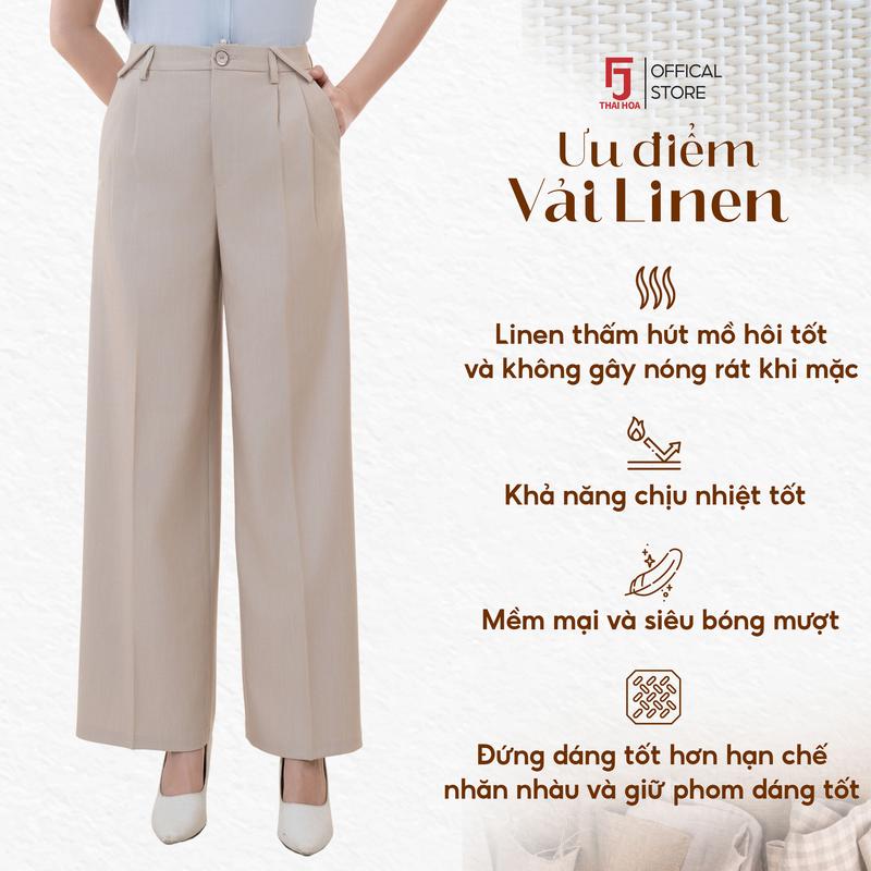  Quần xuông 259 chất liệu Rayon Polyester phối Linen ống đứng 2 ly 1 cúc đỉa gập cách điệu Thái Hòa cạp cao trên rốn 24QAW-259 