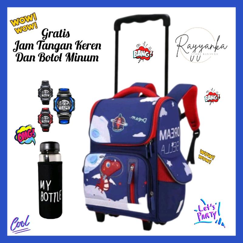 Tas Troli Backpack Dinoo Space Untuk Laki Laki PAUD TK SD Free Jam Tangan Dan Botol Minum Keren 1