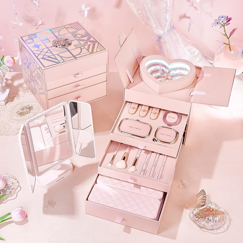 [ Quà tặng 8-3 ] Bộ trang điểm 13 món 4 tầng trái tim có đèn phiên bản mới nhất 2024 , quà tặng bạn gái. gồm gương led , son , phấn ,... set  makeup