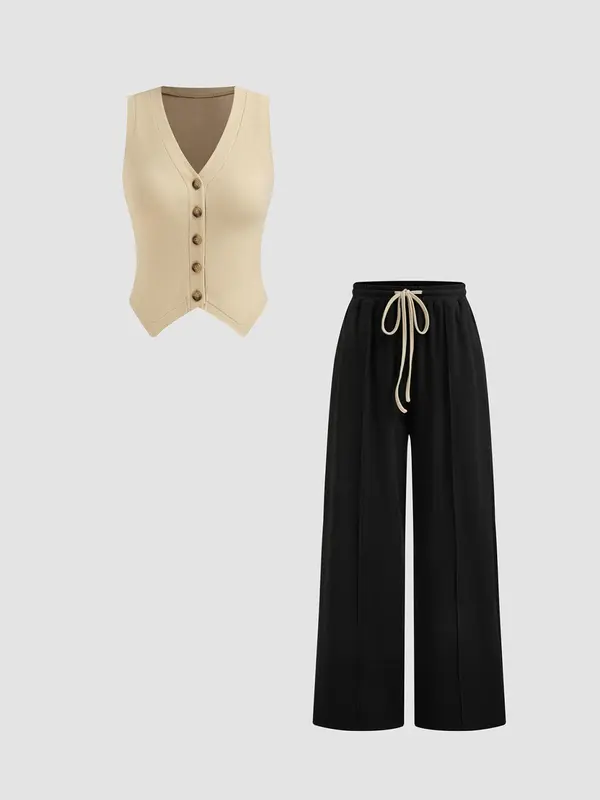 Women's Solid Color V Neck Button Front Tank Top & Tie Front Straight Leg Pants Two-piece Set, Casual Fashion Cozy Two Piece Outfits for Daily Outdoor Wear, Ladies Clothes for All Seasons 6