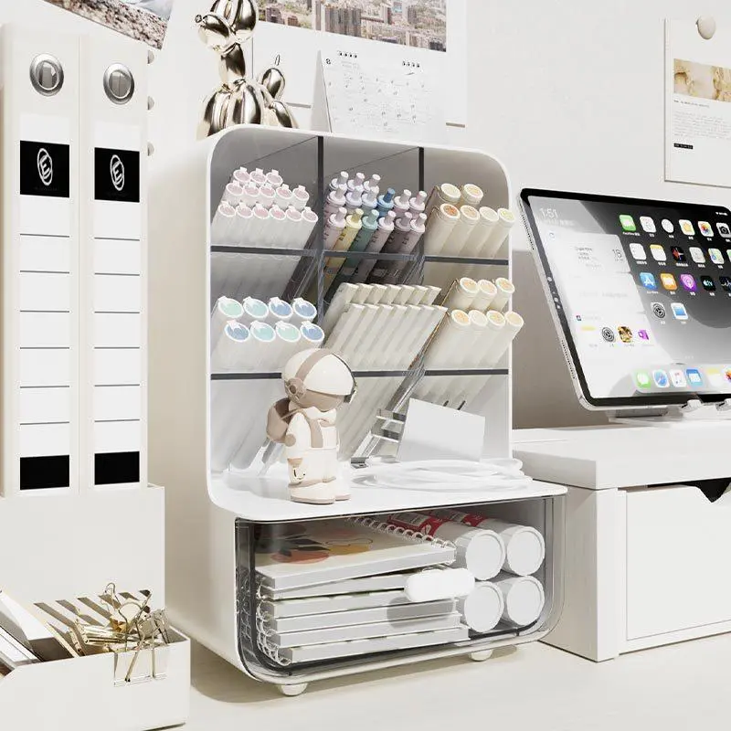 Large Capacity Multi-layer Desktop Storage Container with Drawer, 1 Piece Fashionable Desktop Storage Box, Perfect Office Accessories Pen Holder, Stationery Organizer