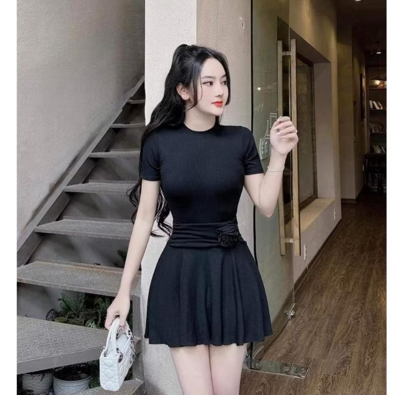 AA2c Đầm váy Xòe Tay Ngắn Cổ Tròn Eo May Bản To Nhún Đính Hoa Ôm Body Sexy -Tiểu Thư Cute Sang Chảnh size dưới 53kg