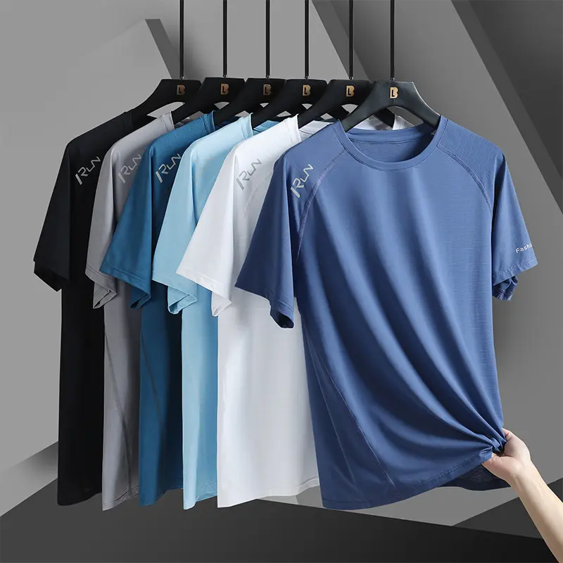 Summer New Printed Ice Silk T-shirt Men's Sports and Leisure Running Fitness Breathable Short Sleeve Men's Outdoor Quick-Dry Clothes