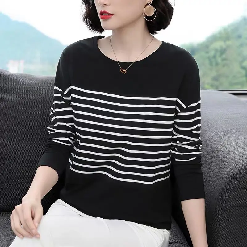 Áo Thun Dài Tay, Dành Cho Phụ Nữ Trung Niên, Cỡ M-5XL, Quần Áo Mùa Thu Cho Mẹ, Áo Sơ Mi Lớp Cơ Sở Dáng Rộng, Hàng Mới Về 2024, Áo Quần Áo Mùa Thu Sọc 0