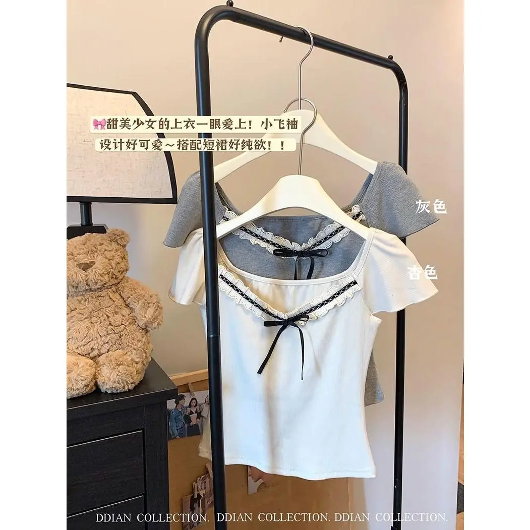 Áo Thun Ngắn Tay, Phong Cách Ngọt Ngào Với Nơ Thêu, Ren Và Phong Cách Dễ Thương Và Gợi Cảm, Hàng Mới Về, Mỏng Vừa Vặn, Áo Ngắn Bó Sát Nữ Top Nữ Top Nữ Top Nữ Top Women Voi Xám Sơ Mi