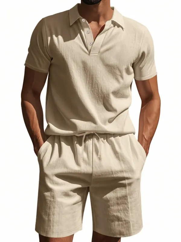 Two-Piece Set Men's Solid Short Sleeve Polo Shirt & Shorts, Regular Fit Casual Fashion Cozy Breathable Men Two-piece for Summer, Men's Clothes for Daily Wear 1