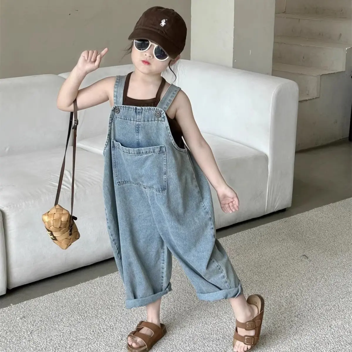 Quần Yếm Denim, Cho Trẻ Em, Thích Hợp Cho Mùa Xuân Và Mùa Thu, Phong Cách Hàn Quốc, Có Túi, Quần Thường Ngày Cho Bé Trai Và Bé Gái, Dáng Rộng Thùng Thình, Có Dây Đeo Đơn Giản