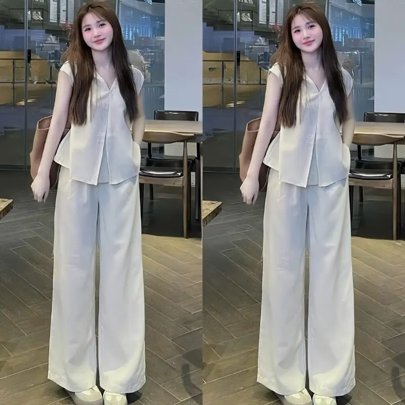 Set bộ tuyết nhung măc 2 kiểu áo cổ V cài nút thật ngắn tay kem quần dài ống rộng [kèm dây cột eo] xinh xắn dành cho các nàng diên đi chơi. Women top 0