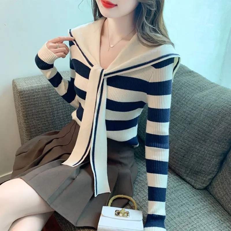 Sọc Cho Nữ, Cổ  Hải Quân, Phong Cách Preppy Mới, Dệt Kim, Thích Hợp Cho Mùa , Dễ Phối Đồ có thể giặt máy  phụ  nữ Top Women đốm trắng đường thêu hàng dệt kim  kẻ ngang đen   real madrid sweater  trễ   tay Dài Tay    nữ quảng châu    love  back áo Tre 8