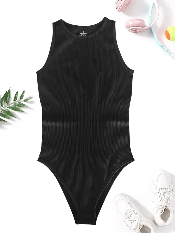 Women's Solid Round Neck Sports Bodysuit, Breathable Comfortable Sleeveless Tank Bodysuit for Yoga Gym Workout, Summer Outfits 2024, Ladies Sportswear for All Seasons 8