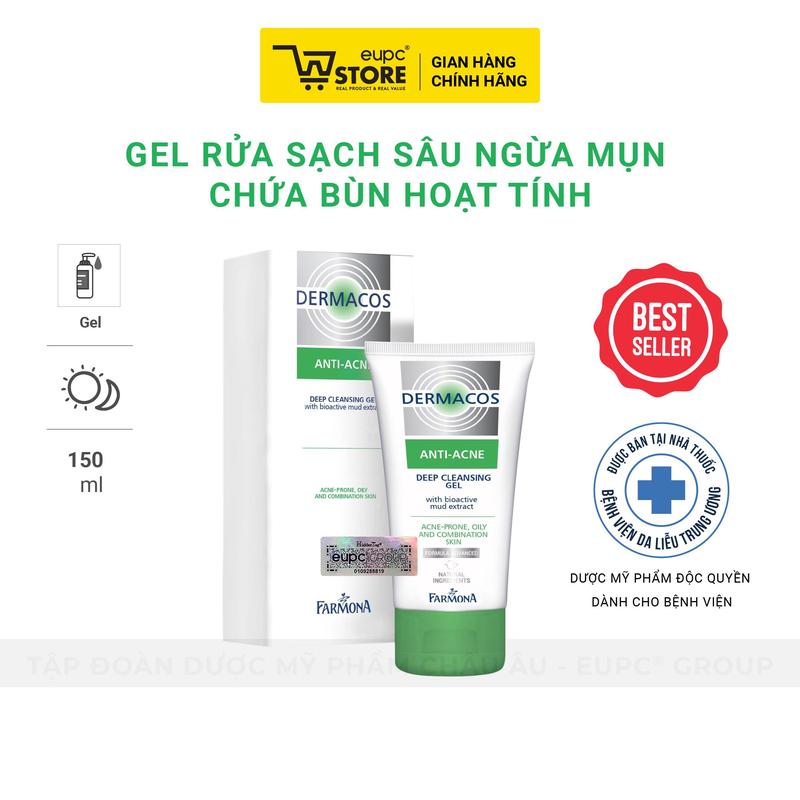Chính hãng Dermacos Sữa Rửa Mặt Gel Rửa Sạch Sâu Giảm Mụn Chứa Bùn Hoạt Tính Dermacos Anti-Acne 150ml Cho Da Hỗn Hợp Nhạy Cảm EUPC STORE Chính Hãng Châu Âu