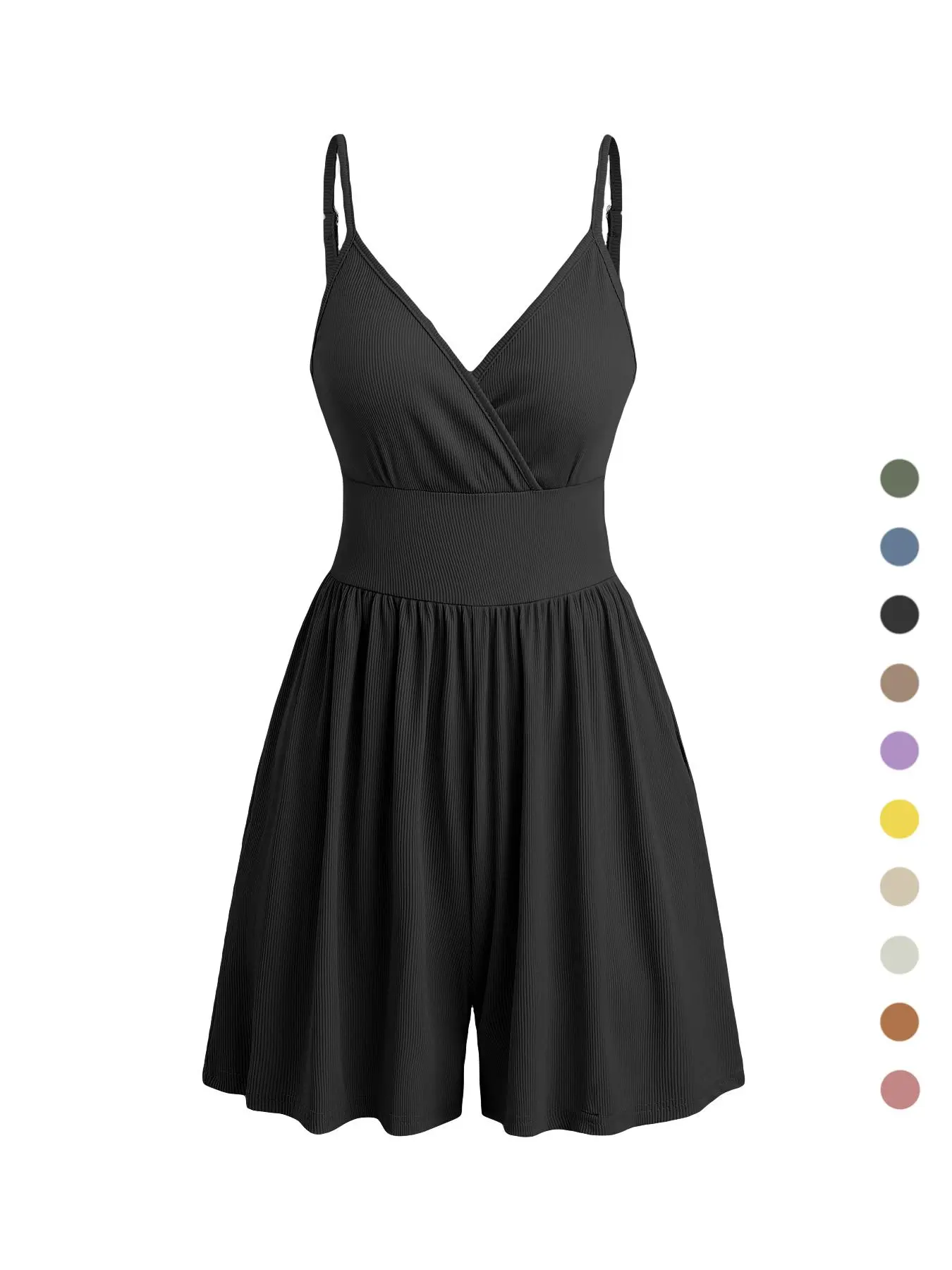 Women's Plain Backless Pleated Pocket Cami Romper, Casual Adjustable Strap Sleeveless Romper for Summer, Fashion Women's Clothing for Daily Wear
