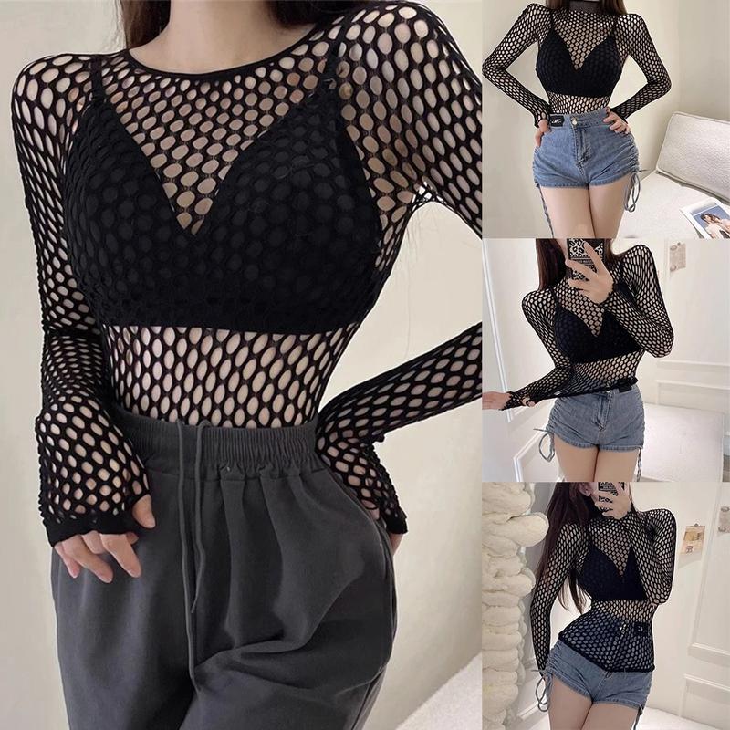 Áo Dài Tay Lưới, Dành Cho Nữ, Thiết Kế Khoét Lỗ Vui Nhộn Thời Trang, Dáng Ôm, Gợi Cảm, Hàng Mới Về, Áo Lưới Cá 1