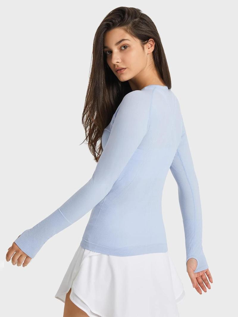 Product Introduction of Women's Solid Raglan Sleeve Sports Tee, Breathable Quick Drying Round Neck Long Sleeve T-shirt for Yoga Gym Workout Running, Ladies Sportswear for Fall & Winter 14