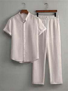 Conjunto de dos piezas para hombre con camisa de botones y pantalones, corte regular, cómodo y casual, manga corta, camisa con cuello y pantalones para vacaciones en la playa, conjunto de dos piezas para hombre para todas las estaciones